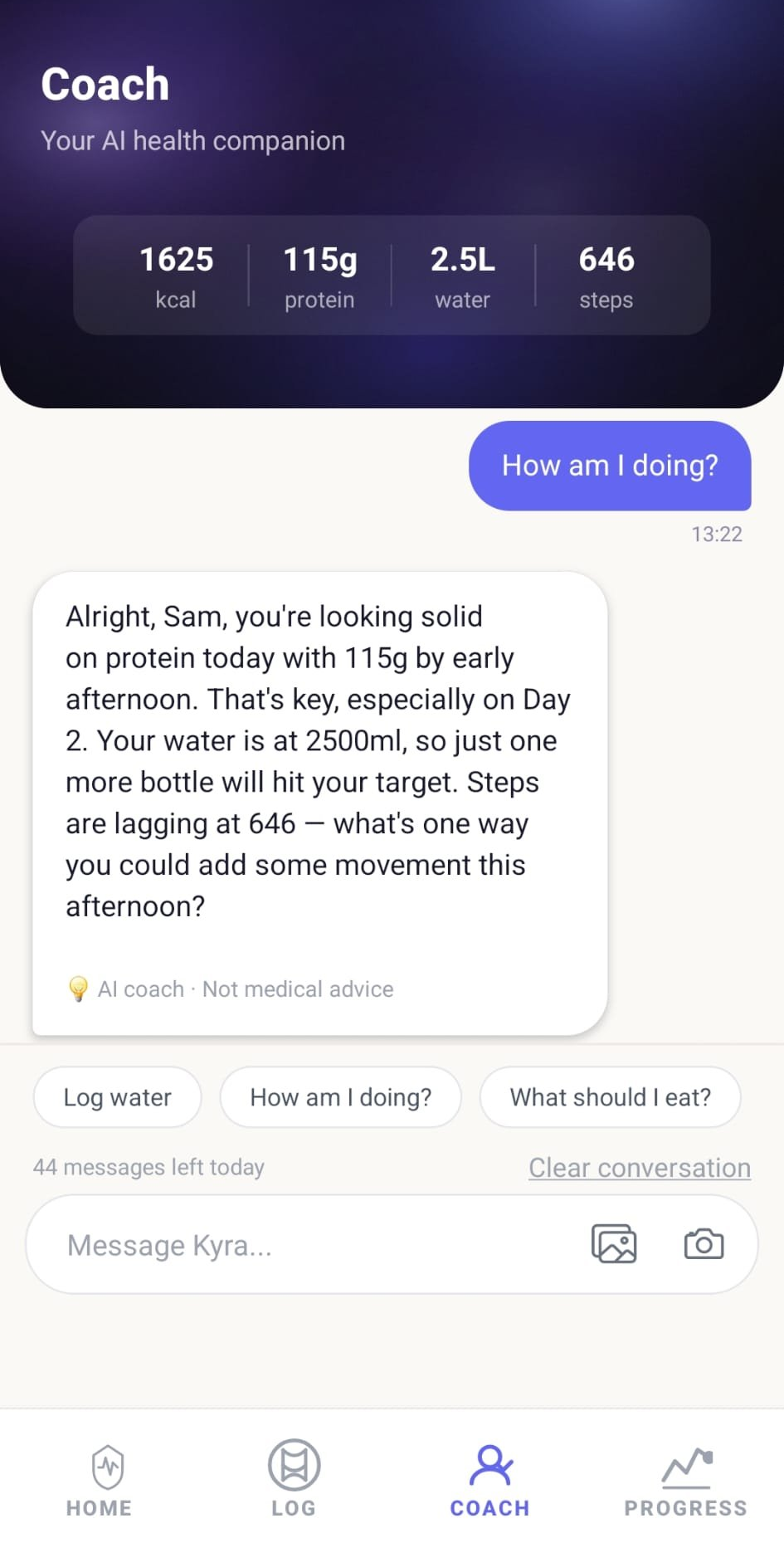 nevu AI coach Kyra showing a real conversation with dose-cycle aware coaching, mentioning Day 2 of the injection cycle and providing specific nutrition guidance with quick reply buttons