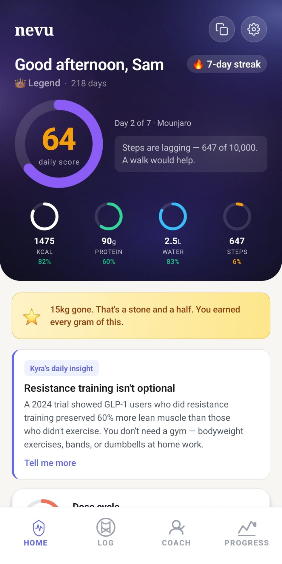 nevu app home screen showing daily health score ring, four tracking rings for calories, protein, water and steps, and a 42-day streak